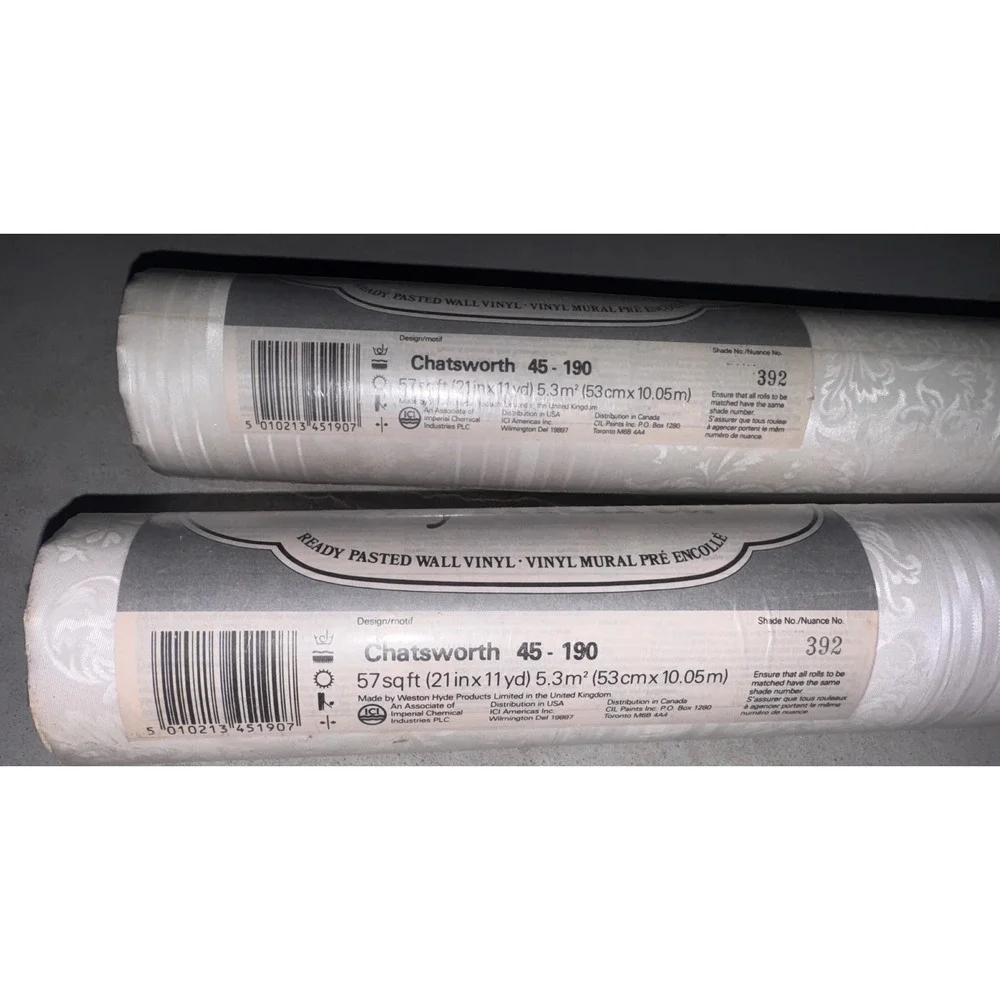 2 Rolls Vintage Vymura Chatsworth 45-190 Wallpaper 392 White Damask Vinyl NOS